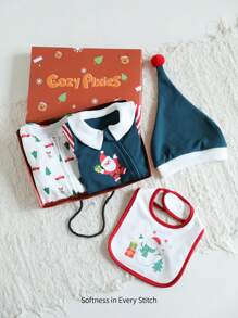 Cozy Pixies 5pcs/Set Baby Girl Christmas Element Pattern Contrast Color Romper, Pants, Hat, Gloves, Bib Gift Box Set