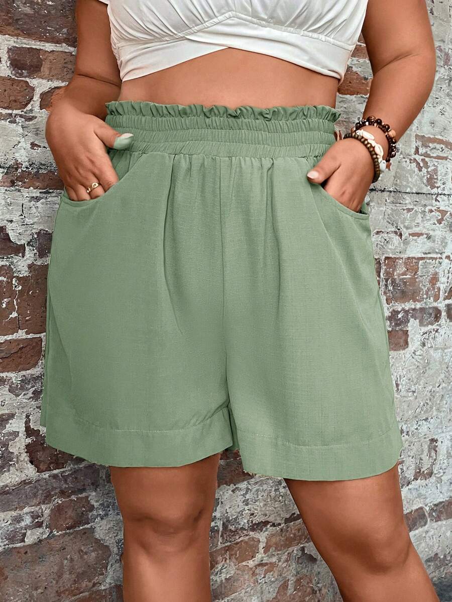 EMERY ROSE Plus Size Solid Color Casual Shorts, Fashionable For Summer Summer Outfits For Women Shorts For Women Summer Outfits For Women - Mint Green - View 1