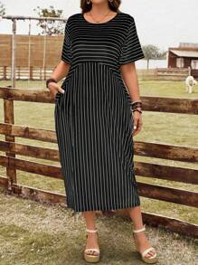 EMERY ROSE Vestido casual de verano con bolsillo y rayas para mujer de talla grande, vestimenta occidental para mujeres - Blanco y Negro - Ver 5
