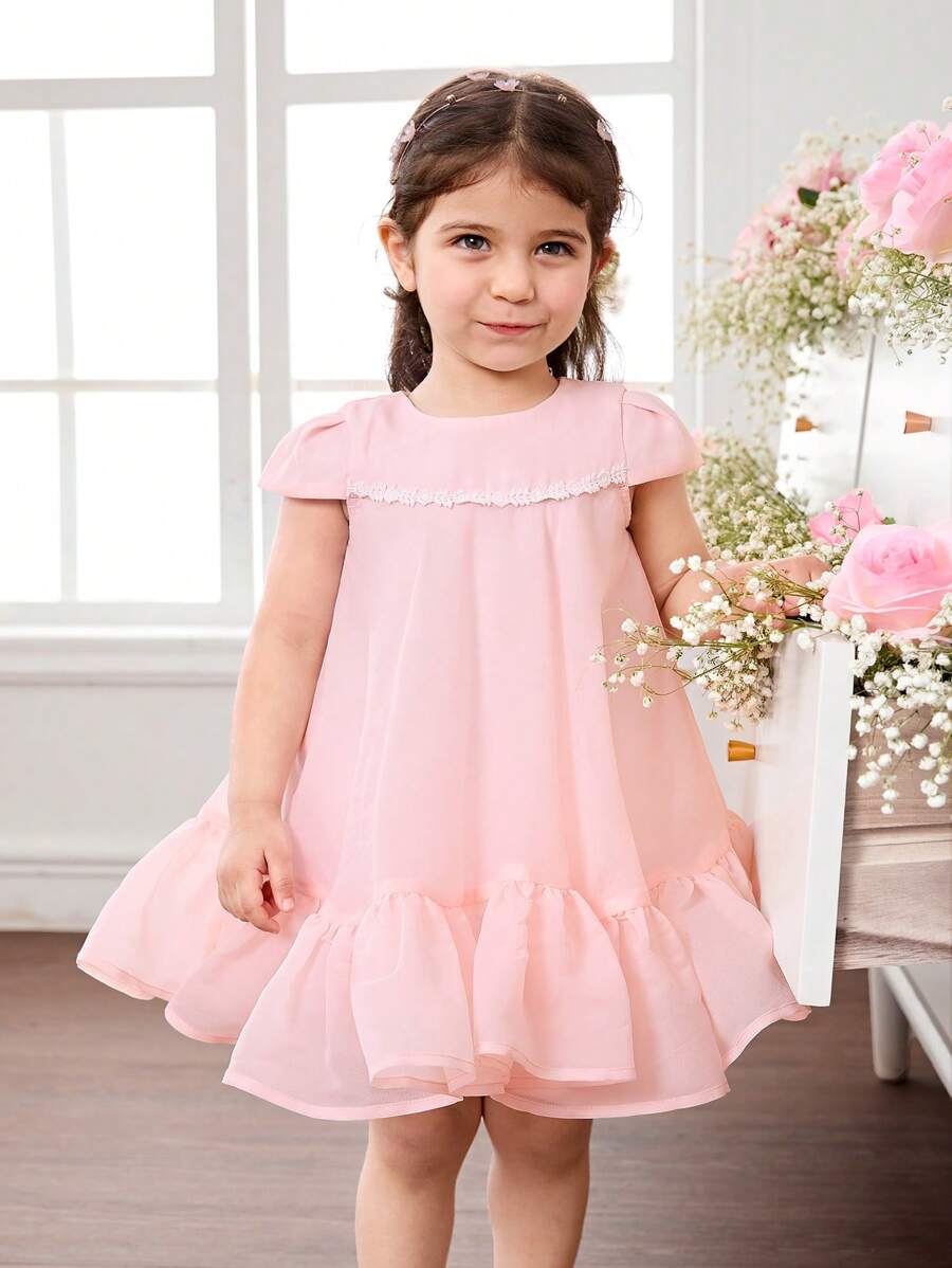 Vestido corto de manga corta de organza rosa elegante y lindo para bebé niña en verano - Rosa - Ver 1