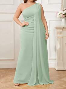 SHEIN Belle Plus Size Chiffon Asymmetrical Neck Bridesmaid Dress With Sequins Decor And Waist Ruched, Party Dress, Wedding Guest Dress, Formal Dress, Evening Dress, Gown