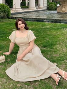 Dazy Plus Plus Size Chiffon Puff Sleeve Off Shoulder Wrap Dress With Flared Hem