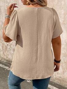 Linhara Plus Size Women's Solid Color V-Neck Short Sleeve Pleated Blouse, Spring/Summer