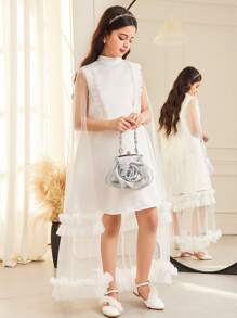 SHEIN Tween Girls Elegant Regal Flare A-Line Dress With Ruched Stand Collar, Exaggerated Floral Ruffled Large Capelet Hem - White - View 5