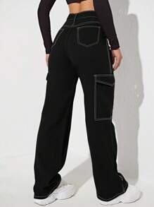 Flexra 女式简约前扣口袋牛仔长裤，休闲日常穿着 - 黑色 - 查看 2