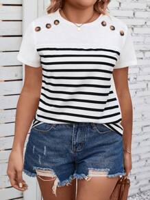 INAWLY Plus Size Women's Round Neck Pink Striped Printed T-Shirt With Decorative Shoulder Buttons - Multicolor - View 1