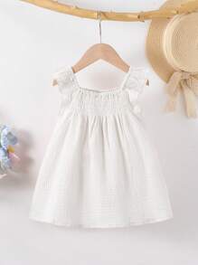 SHEIN Vintaside Kids Baby Girl Summer Korean Style Casual Adorable Pink Floral Ruffle Sleeve Woven White Dress - White - View 2