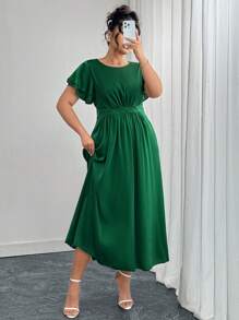SHEIN Clasi Plus Size Women Elegant Solid Color Ruffle Sleeve Dress, Suitable For Weddings And Holiday Wear - Dark Green - View 3