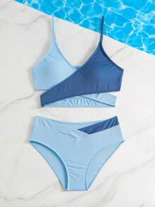 SHEIN Teen Girls Swimwear Set, Special Fabric Color Block Patchwork Tankini 2 Pieces Suit, Suitable For Swimming Line, Pool, Beach Summer Holiday - Baby Blue - View 6