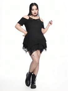 ROMWE Goth Große Größen Sommer Strandkonzert T-Shirt, Damen Rave T-Shirt Festival Streetwear Gotischer mysteriöser Katze Stern Totenkopf Muster asymmetrischer Saum Carmen-Bluse Off-Shoulder Spitzen Camisole Schwarz T-Shirt
