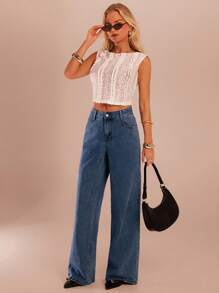 SHEIN Forever 21 秋冬女士口袋宽松阔腿裤/深蓝色/复古/牛仔裤/基本款/高个女装/妈妈装牛仔裤/商务休闲女装/必备单品/高个女装牛仔裤/牛仔裤/低腰宽松牛仔裤/低腰/寒冷天气/感恩节牛仔裤/假日/优雅/圣诞节牛仔裤/圣诞节/新年牛仔裤/宽松休闲裤牛仔裤/Y2k 牛仔裤/水洗阔腿牛仔裤 - 藍色 - 查看 3