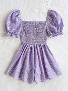 Soleia 蓝白格子褶皱泡泡袖连体衣，休闲度假风格方领女式夏季连体裤 - 紫色 - 查看 2