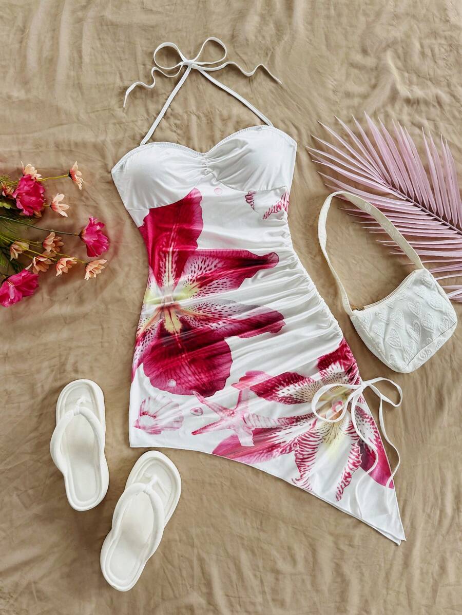Soleia Vacation Casual Floral Print Halter Neck Ruched Mini Dress Vacation Outfits Women - White - View 1