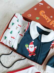 Cozy Pixies 5pcs/Set Baby Girl Christmas Element Pattern Contrast Color Romper, Pants, Hat, Gloves, Bib Gift Box Set