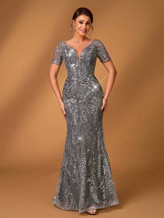 Serin Elegante y glamoroso vestido romántico de color gris oscuro con bordados y cuentas, de manga corta hombros descubiertos, ajustado y con cola de sirena, apropiado para fiestas de noche, cócteles, citas, festivales de música, bailes, bodas y vestidos de madre de la novia