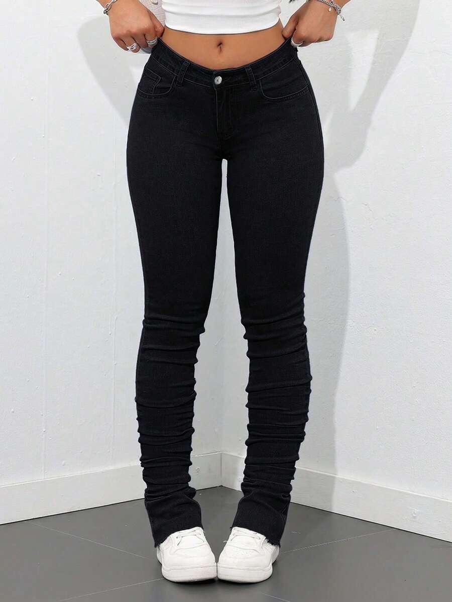 SHEIN Tall Slim Fit Bell Bottom Solid Color Casual Jeans