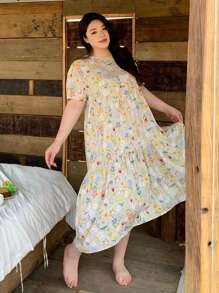 Dazy Plus 大码印花宽松长款睡裙，休闲睡衣，宽松睡裙 - 白色 - 查看 4