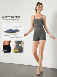GLOWMODE Body con control de abdomen FeatherFit™, espalda convertible, bolsillos laterales, copas extraíbles, apto para yoga, pilates y uso diario casual, de 2.5" de largo - Gris Oscuro - Ver 3
