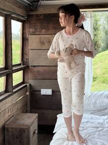 DAZY 2pcs/Set Tween Girls Cartoon Bear Print Short Sleeve Top And Pants Pajama Set,Girls Summer Outfits,Back To School Clothes