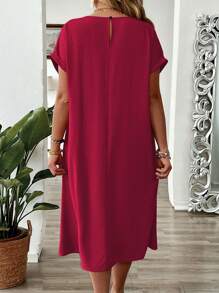 Vestido suelto y casual de cuello redondo y hombros caídos con encaje de contraste, estilo minimalista para el verano, talla grande - Rojo - Ver 2