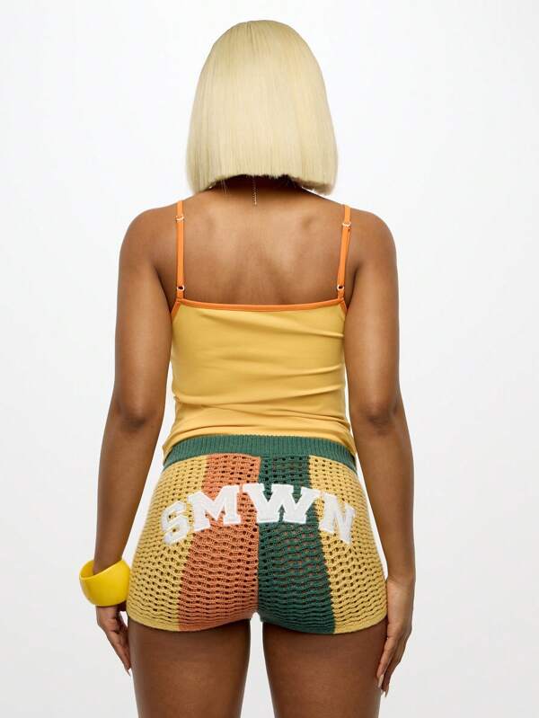 SUMWON WOMEN Pantaloni scurți de plajă croșetați, model patchwork, tricotați, casual, leisure, croșetat, scurt, cu croială înaltă, pentru plajă