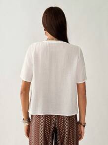 Florisole Blusa suave de mujer con decoración de botones, bordado y patchwork de encaje vintage de otoño