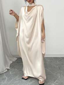Celure Plus Size Woven Fabric Crinkle Elegant Quality Loose Flare Collar Long Tie Batwing Sleeve Dress For Women
