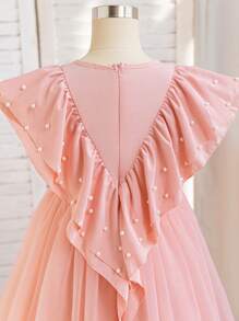 SHEIN Glamorique Kids Vestido de niña con mangas de malla con cuentas de perlas, el diseño de perlas se ve noble y elegante, adecuado para fiestas, reuniones y varias ocasiones, mostrando una noble gracia