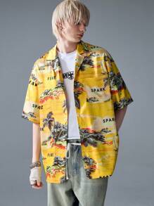 NEON BLANC Men's Street Style Palm Tree & Letter Print Woven Short Sleeve Shirt, Suitable For Summer, Streetwear Inspired - Red - View 4