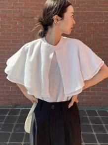 FRIFUL 女士多层拼接宽松圆领荷叶边袖纯色休闲夏季短袖衬衫 - 白色 - 查看 1
