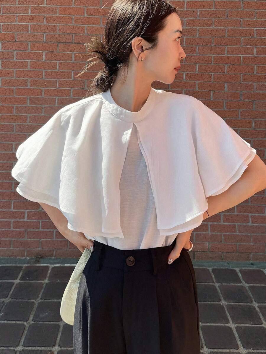 FRIFUL 女士多层拼接宽松圆领荷叶边袖纯色休闲夏季短袖衬衫 - 白色 - 查看 1
