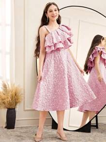 SHEIN Teen Girls Elegant Ruffled Asymmetrical Midi Dress - Pink - View 6