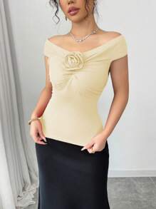 Elenzga Valentine's Day Romantic Red Rose Ruched Fitted Off Shoulder T-Shirt - Apricot - View 4