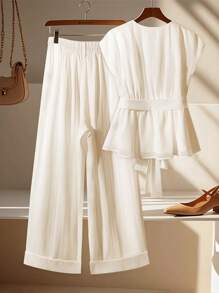Franclia 2 pièces/Set Femmes grande taille, ensemble chemise de couleur unie avec nœud à la taille et pantalon large - Blanc - Voir 2