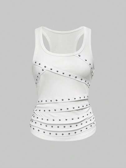 Grunge Punk Street Punk Studded Music Festival Sexy Sleeveless Studded Strap Summer Plus Size Black Camisole Tank Top