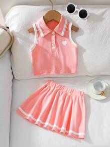 SHEIN Explorewe 2 件套女婴无袖粉色 Polo 领心形印花拼接白色边缘上衣和松紧腰 A 字裙套装，舒适可爱，适合春、夏、秋季 - 粉色 - 查看 1