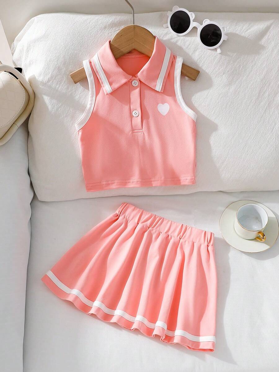 SHEIN Explorewe 2 件套女婴无袖粉色 Polo 领心形印花拼接白色边缘上衣和松紧腰 A 字裙套装,舒适可爱,适合春、夏、秋季 - 粉色 - 查看 1