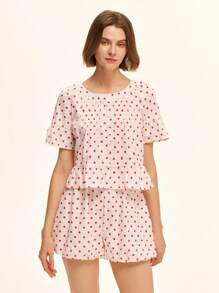 SHEIN Unity 2 件套复古红色波尔卡圆点荷叶边圆领短款上衣 + 波尔卡圆点泡泡短裤，浪漫度假装，春夏新品 - 紅色 - 查看 1