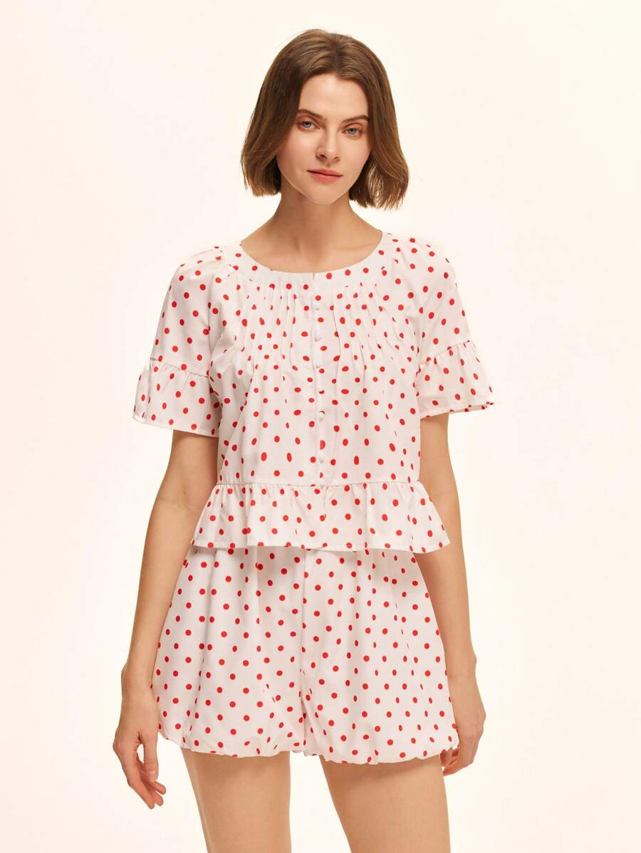 SHEIN Unity 2 件套复古红色波尔卡圆点荷叶边圆领短款上衣 + 波尔卡圆点泡泡短裤,浪漫度假装,春夏新品 - 紅色 - 查看 1