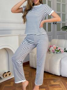 Snug Zone 休闲黑白罗纹印花针织罗纹女士家居服套装 - 黑與白 - 查看 4