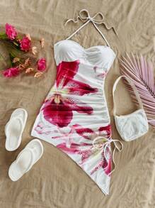 Soleia Vestido mini con escote halter, fruncido y estampado floral, para vacaciones de estilo informal