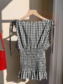 Comfortcana Women's Casual Black Plaid Woven Racerback Tank Top, Summer,Rave Top - Black - View 2