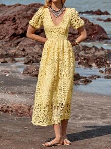 SHEIN LUNE Women's Elegant Solid Color Hollow-Out Long Dress, Summer - Yellow - View 6