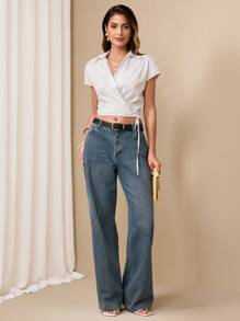 SHEIN Unity 女士优雅纯色 V 领系带短款衬衫 - 白色 - 查看 5