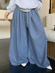 Dazy Plus Solid Washed Blue Extra Loose Wide Leg Tie-Waist Elastic Waist Denim Palazzo Pants - Blue - View 3