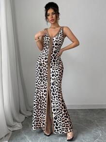 largo con abertura frontal, estampado de leopardo en bloque de color, escote en V bajo y ajustado sin mangas con cuello simétrico para mujeres - Multicolor 7 - Ver 6