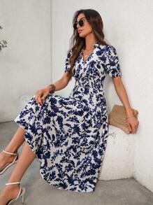 SHEIN Clasi Abito da spiaggia con maniche a sbuffo e stampa floreale all-over, adatto per vacanze e uso casual