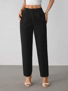 SHEIN PETITE Spring Black Slant Pockets Cropped Suit Pants Work Pants - Black - View 1