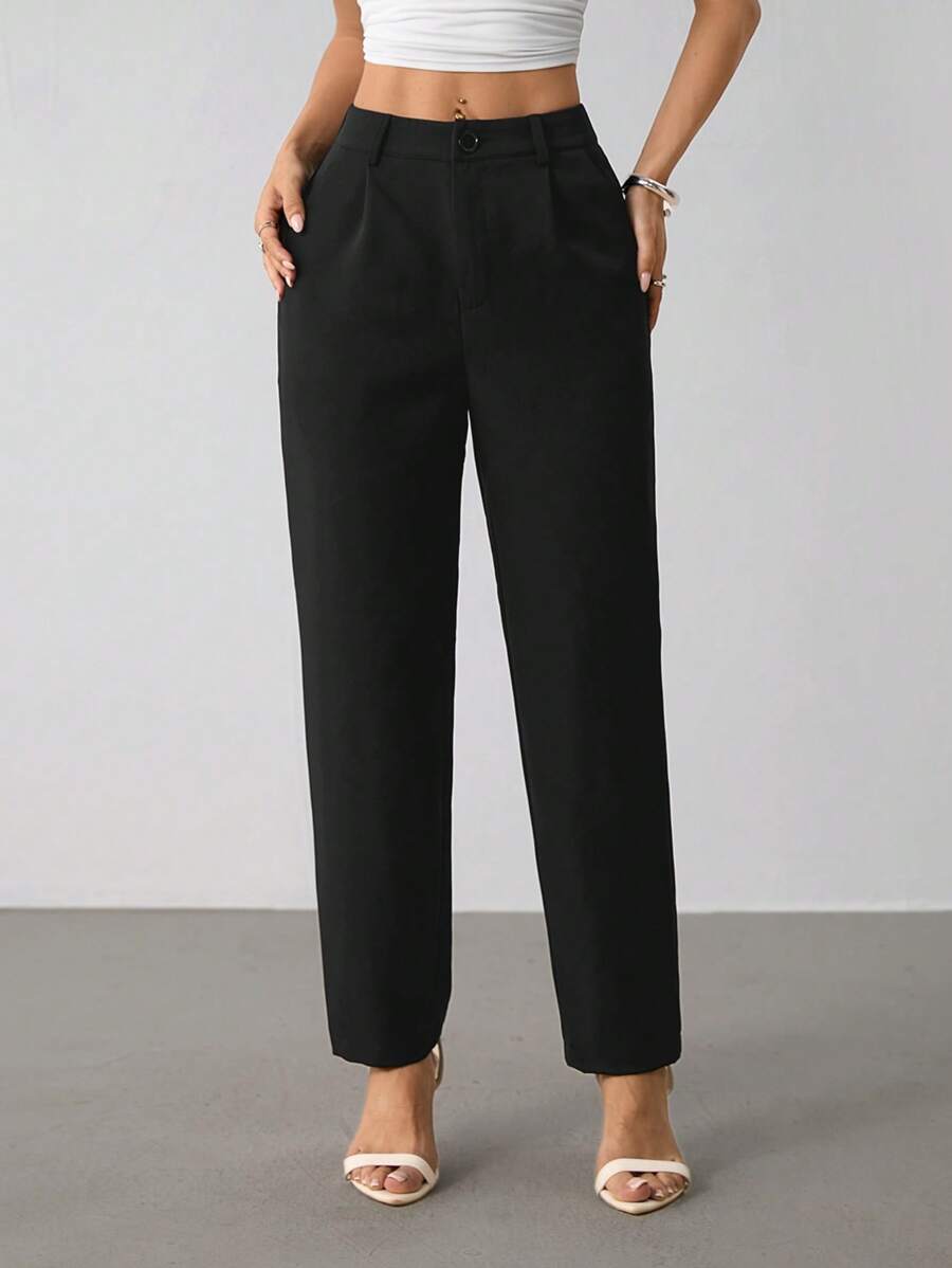 SHEIN PETITE Spring Black Slant Pockets Cropped Suit Pants Work Pants - Black - View 1
