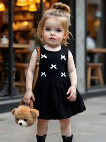 Souflis Souflis Vestido de verano sin mangas nuevo negro para niñas pequeñas, vestido de tutú de princesa vintage con decoración de mariposa y fruncido a la cintura